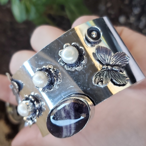 New Chevron Amethyst & Pearl 925 Silver Butterflies Adjustable Cuff Bracelet. - Picture 6 of 14